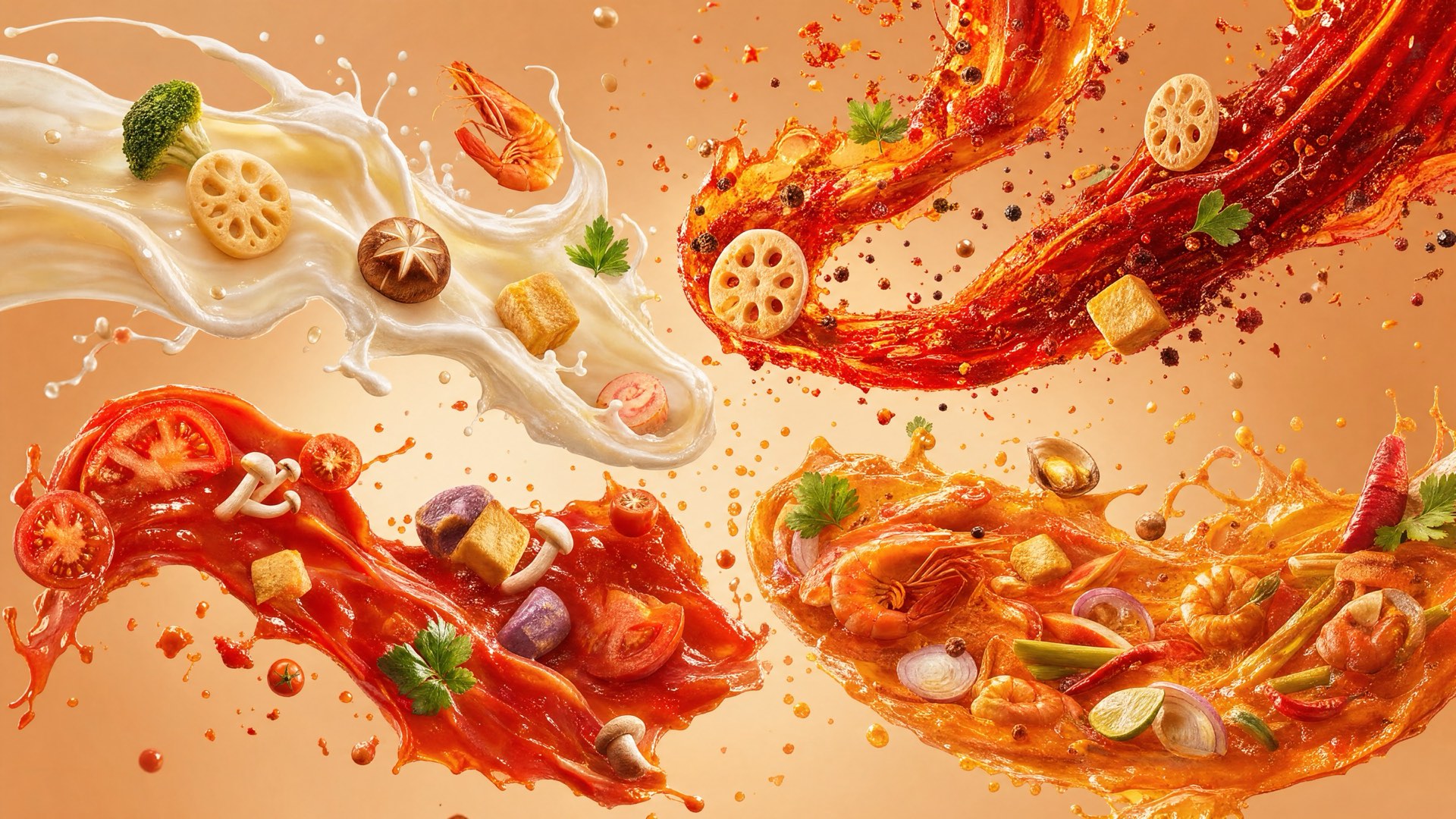 Vier Yangguofu-Brühen als dynamische Splash-Komposition: klar, Málà, Tomate und würzig-orange