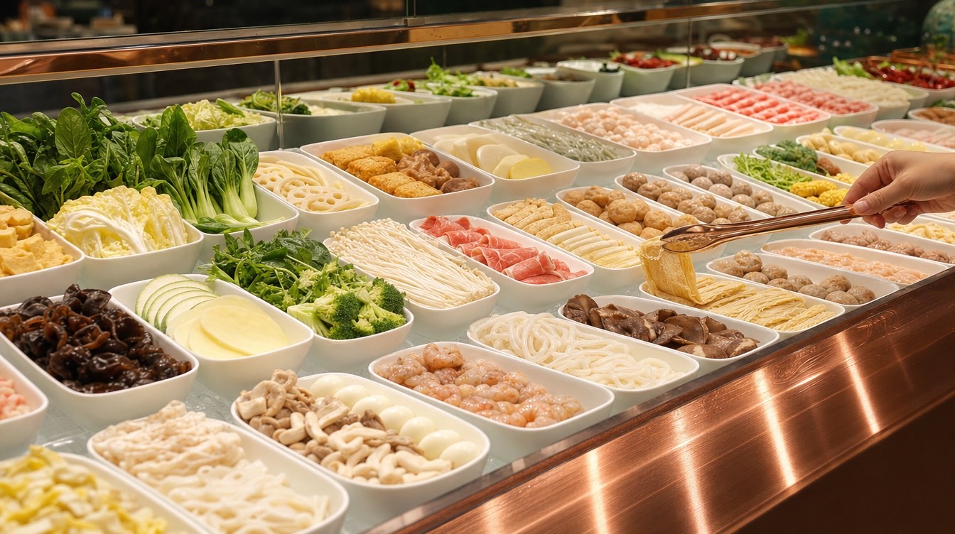 Frische Malatang-Zutaten an der Theke: Gemüse, Pilze, Tofu, Fleisch, Nudeln