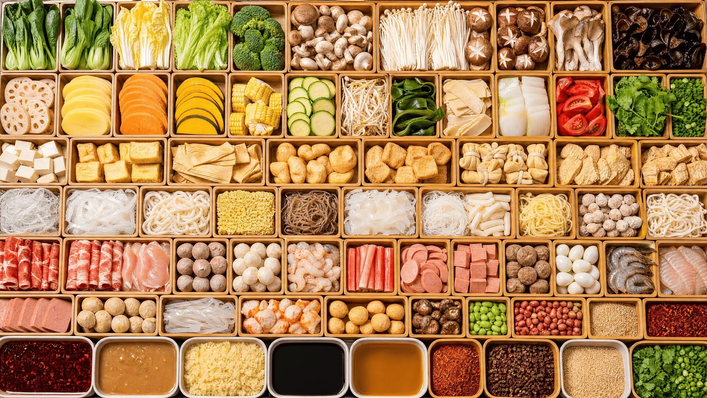 Über 90 frische Malatang-Zutaten in Holzschalen: Gemüse, Pilze, Tofu, Fleisch, Meeresfrüchte, Nudeln und Gewürze