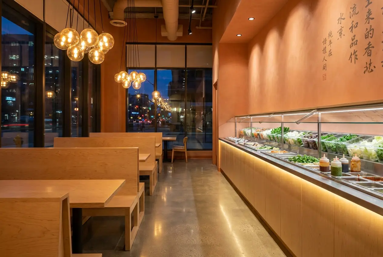 Warmes, modernes Restaurant-Interieur mit Birkenholz